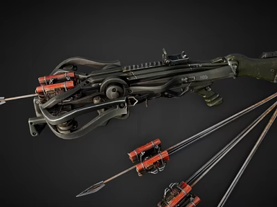 Mechanical Crossbow Weapon With Metal Structure Wooden Grip And Red Tipped Arrows 3d model