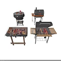 Outdoor Barbecue Grills With Different Types And Grilled Skewers On Stands