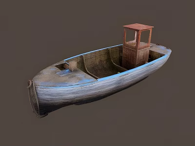 Old Weathered Wooden Boat With Small Red Cabin And Rustic Hull 3d model