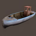 Old Weathered Wooden Boat With Small Red Cabin And Rustic Hull