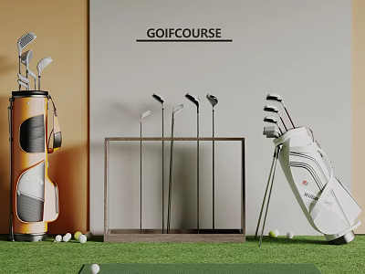Golf Sports Equipment Set With Clubs Bags Balls And Display Rack On Green Turf 3d model
