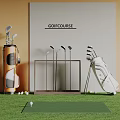 Golf Sports Equipment Set With Clubs Bags Balls And Display Rack On Green Turf