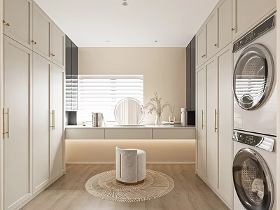 Modern Walk in Closet With Custom Cabinets Laundry Appliances And Round Stool 3d model