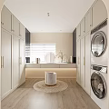 Modern Walk in Closet With Custom Cabinets Laundry Appliances And Round Stool