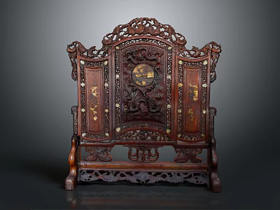 Redwood Carved Screen With Intricate Openwork Carving And Inlaid Decoration 3d model