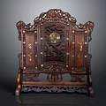 Redwood Carved Screen With Intricate Openwork Carving And Inlaid Decoration