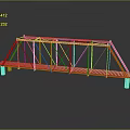 Red Truss Bridge Structure with White Striped Deck and Metal Frames