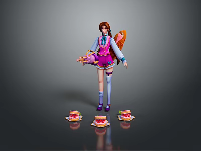 Colorful Game Movie Character In Pink Purple Outfit With Twin Tails And Cake Items 3d model