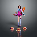 Colorful Game Movie Character In Pink Purple Outfit With Twin Tails And Cake Items
