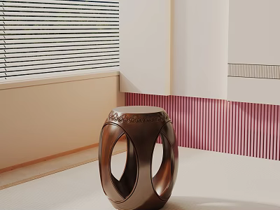 Brown Side Table with Circular Cutout Design by Window with Pink Vertical Striped Wall 3d model