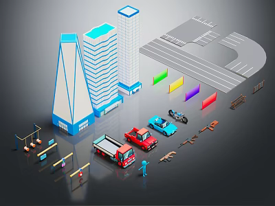 Colorful Red Truck Blue Car And Motorcycle In Urban City Scene With Road Traffic Lights 3d model