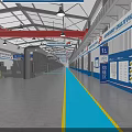 Industrial Factory Interior With Red Overhead Cranes Blue Floor Markings Equipment And Signage