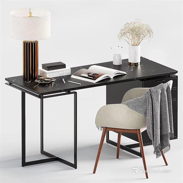 Modern Desk Interior with White Lamp Open Magazine Pen Holder Dried Flowers and Beige Chair 3d model 