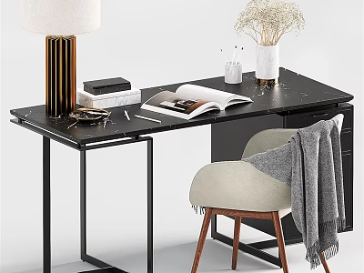 Modern Desk Interior with White Lamp Open Magazine Pen Holder Dried Flowers and Beige Chair 3d model