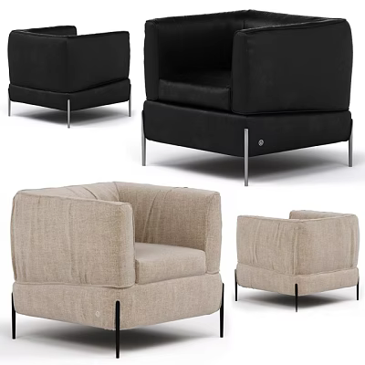 Modern Accent Chair in Black Leather and Beige Fabric with Metal Legs 3d model