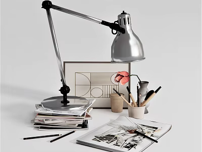 Modern Desk Lamp With Stack Of Books Stationery And Drawing On Workspace 3d model