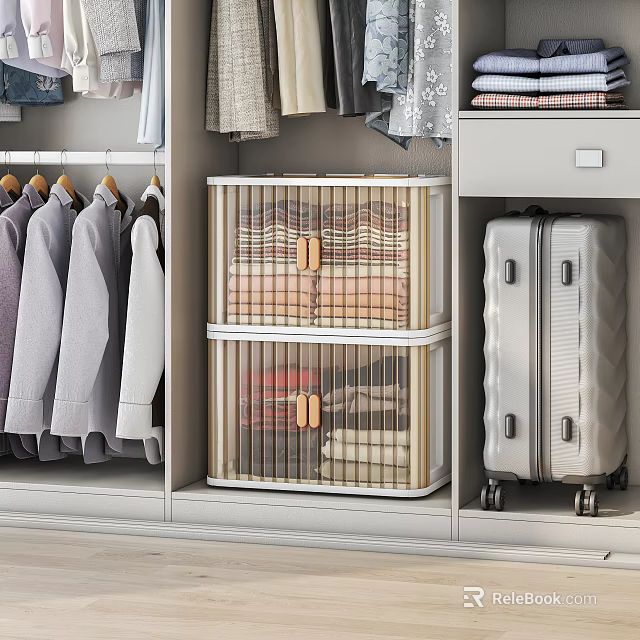 Transparent Storage Boxes With Folded Clothes And Wheeled Suitcase For Wardrobe Organization 3d model 
