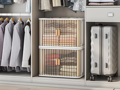 Transparent Storage Boxes With Folded Clothes And Wheeled Suitcase For Wardrobe Organization 3d model