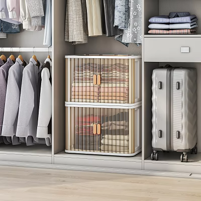 Transparent Storage Boxes With Folded Clothes And Wheeled Suitcase For Wardrobe Organization 3d model
