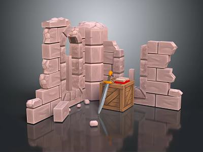 Medieval Stone Ruins Scene With Stone Arch Wooden Crate And Sword 3d model
