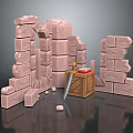 Medieval Stone Ruins Scene With Stone Arch Wooden Crate And Sword