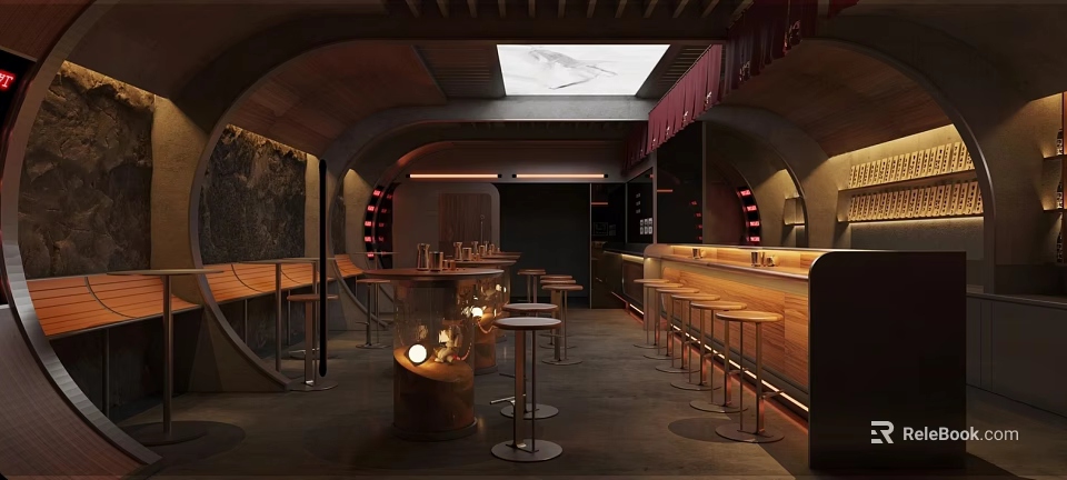 Modern Restaurant Interior With Wooden Bar Stools Arched Design And Skylight Ceiling 3d model 