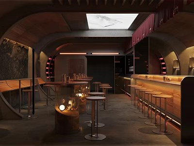 Modern Restaurant Interior With Wooden Bar Stools Arched Design And Skylight Ceiling 3d model