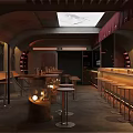 Modern Restaurant Interior With Wooden Bar Stools Arched Design And Skylight Ceiling