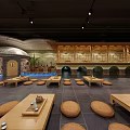 SPA Sauna Interior With Stone Walls Wooden Table Cushions And Green Plants