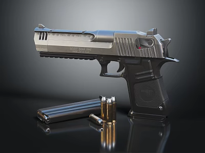 Modern Tactical Pistol With Metallic Finish Magazine And Bullets On Dark Surface 3d model