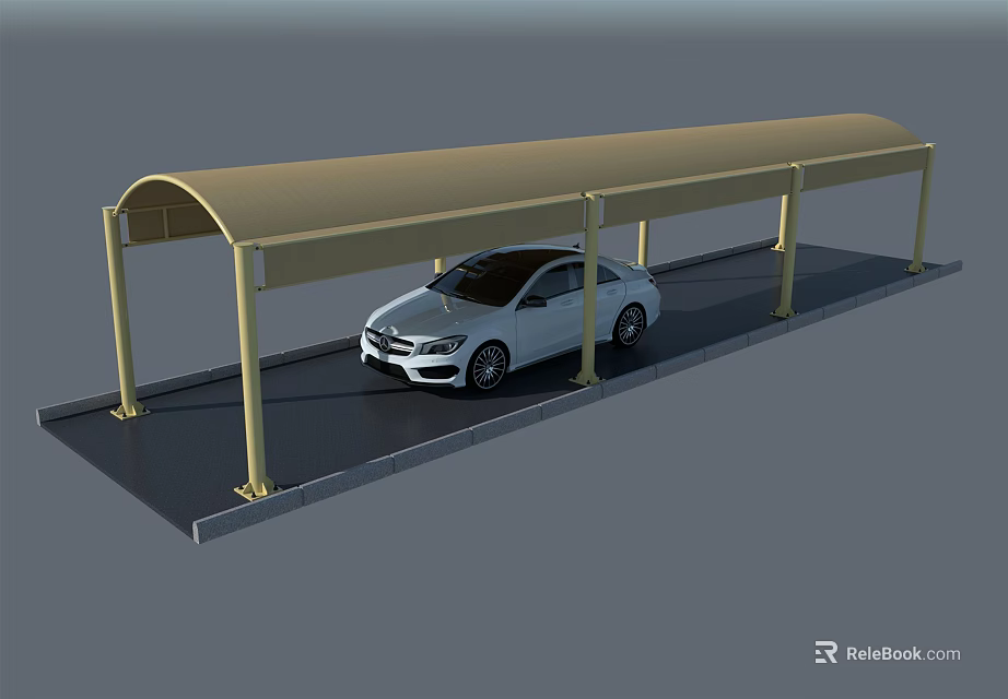 Covered Carport Structure With Canopy Roof And White Car Parking Area 3d model 