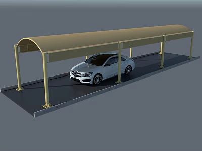Covered Carport Structure With Canopy Roof And White Car Parking Area 3d model