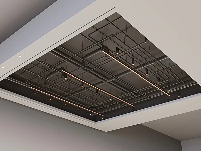 Modern Suspended Ceiling Design With Black Grid Structure And Recessed Linear Lights 3d model