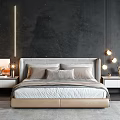 Modern Double Bed With Upholstered Headboard Nightstands Table Lamps And Lake View Windows