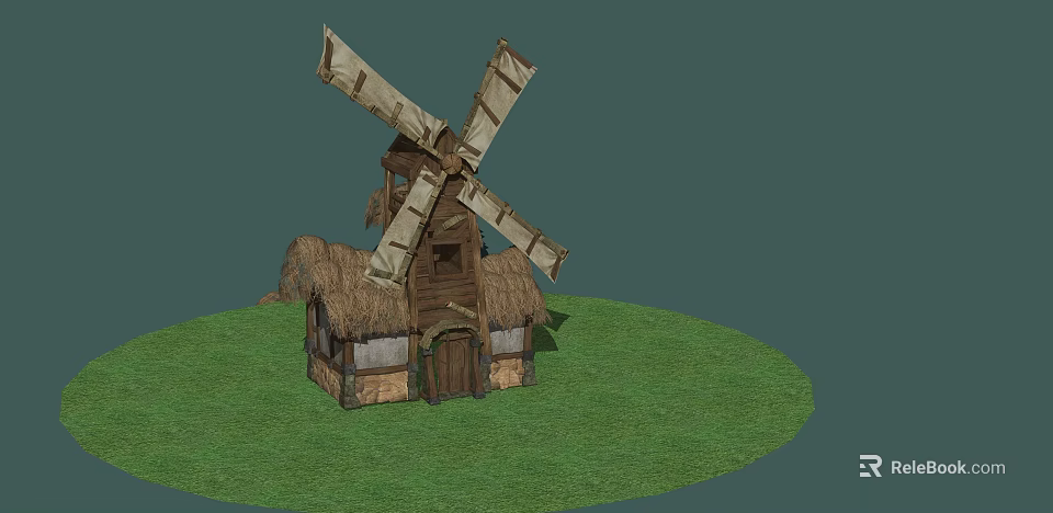 Traditional Windmill With Thatched Roof Wooden House On Green Grass 3d model 