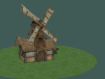 Traditional Windmill With Thatched Roof Wooden House On Green Grass 3d model