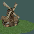 Traditional Windmill With Thatched Roof Wooden House On Green Grass