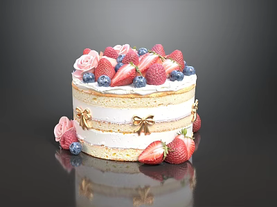 Snack Shop Delicious Layered Cake Topped With Fresh Strawberries Blueberries Pink Flowers And Golden Bows 3d model