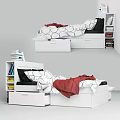 White Double Bed With Circular Pattern Bedding Red Blanket And Storage Drawers 3d model