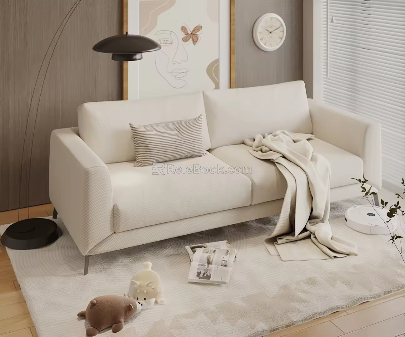 Modern retro two-person sofa leisure sofa pillow sweeping robot picture floor lamp 3d model