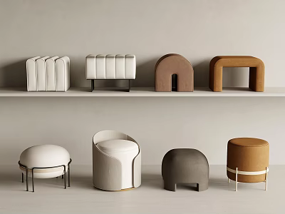 Modern Designed Stools In White Brown Gray With Curved Round Shapes On 3d model