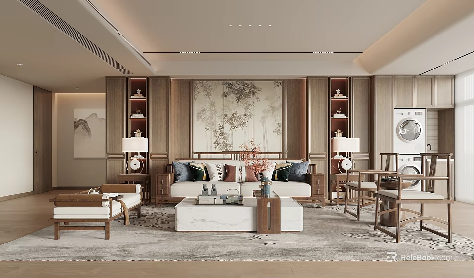 Traditional Chinese Living Room Interior With Landscape Painting Wooden Sofa And Display Shelves 3d model 