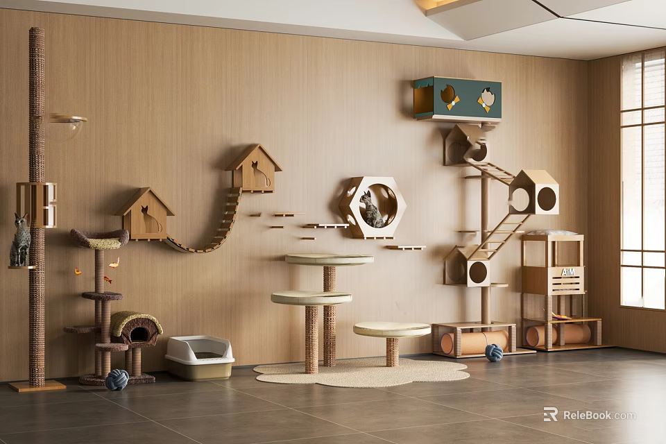 Pet Shop Interior Featuring Wooden Cat Trees Houses And Scratching Posts 3d model