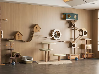 Pet Shop Interior Featuring Wooden Cat Trees Houses And Scratching Posts 3d model