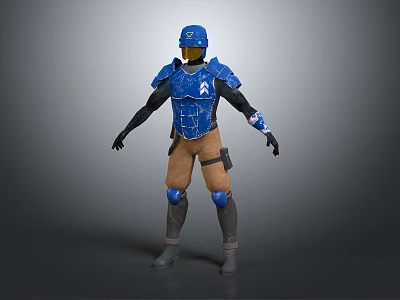 3D Character Model Wearing Blue Armor Helmet Shoulder Pads Brown Pants Gray Boots 3d model