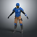 3D Character Model Wearing Blue Armor Helmet Shoulder Pads Brown Pants Gray Boots
