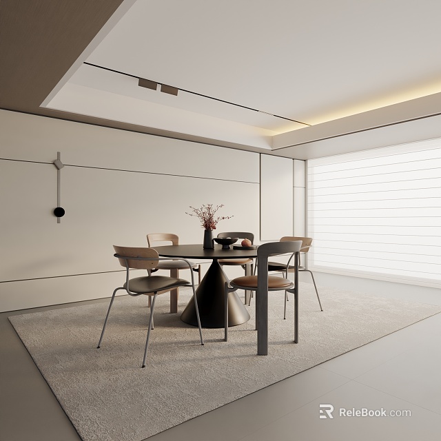 Modern Minimalist Dining Table Set With Chairs Vase Flowers And Rug In Bright Interior 3d model 