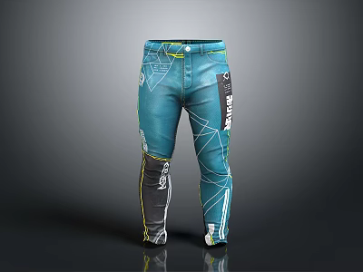Teal Motocross Pants With Geometric Patterns And Yellow White Accent Lines 3d model