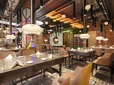 Stylish Restaurant Interior With Wooden Tables Leather Chairs Pendant Lights And Brick Walls 3d model