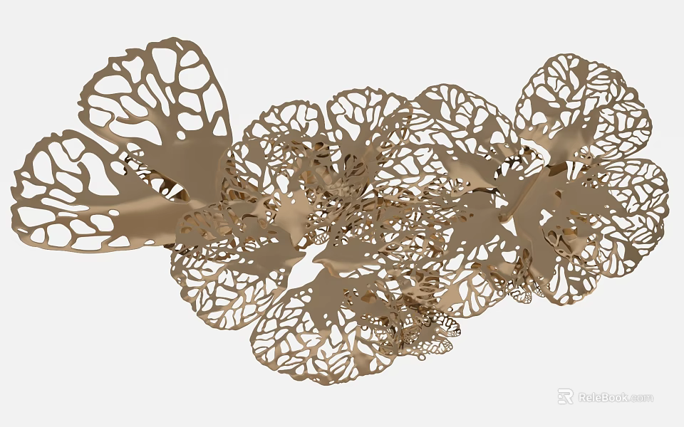 Golden Floral Wall Decor With Intricate Hollow out Design And Metallic Finish 3d model 